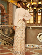 NumberSea - A - Line Evening Gown Elegant Dress Formal Floor Length Long Sleeve V Neck Sequined with Glitter Ruched Slit