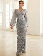 NumberSea - A - Line Evening Gown Elegant Dress Formal Floor Length Long Sleeve V Neck Sequined with Glitter Ruched Slit