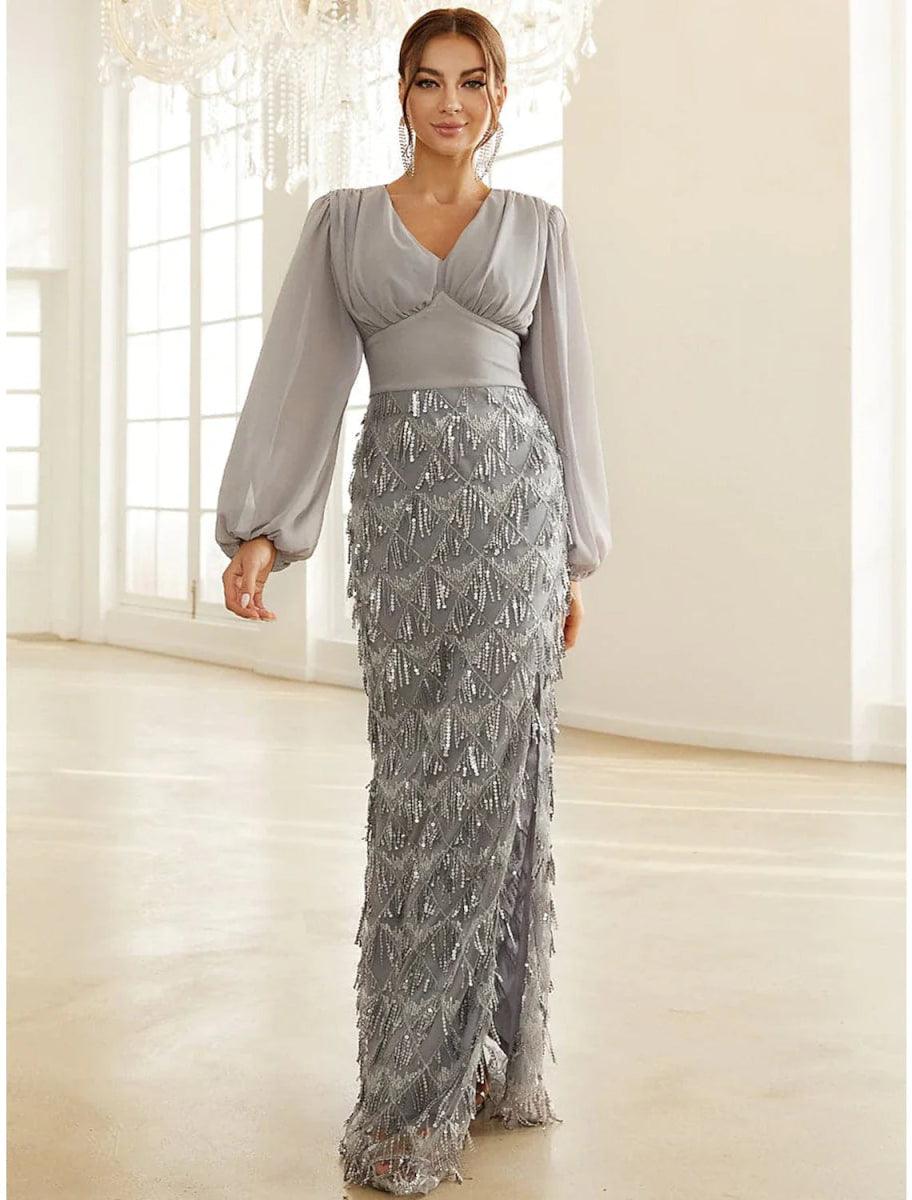 NumberSea - A - Line Evening Gown Elegant Dress Formal Floor Length Long Sleeve V Neck Sequined with Glitter Ruched Slit