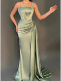 NumberSea - A - Line Evening Gown Elegant Dress Formal Sweep / Brush Train Christmas Red Green Dress Sleeveless Spaghetti Strap Satin with Pleats Ruched Crystals