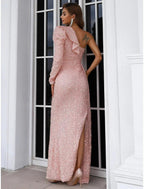 NumberSea - A - Line Evening Gown Elegant Dress Formal Sweep / Brush Train Long Sleeve One Shoulder Sequined with Glitter Ruched Slit