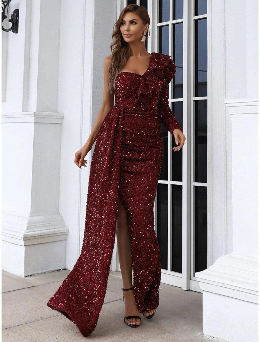 NumberSea - A - Line Evening Gown Elegant Dress Formal Sweep / Brush Train Long Sleeve One Shoulder Sequined with Glitter Ruched Slit