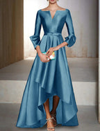 NumberSea - A - Line Evening Gown Elegant Dress Formal Wedding Guest Floor Length 3/4 Length Sleeve V Neck Satin with Bow(s)