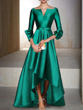 NumberSea - A - Line Evening Gown Elegant Dress Formal Wedding Guest Floor Length 3/4 Length Sleeve V Neck Satin with Bow(s)