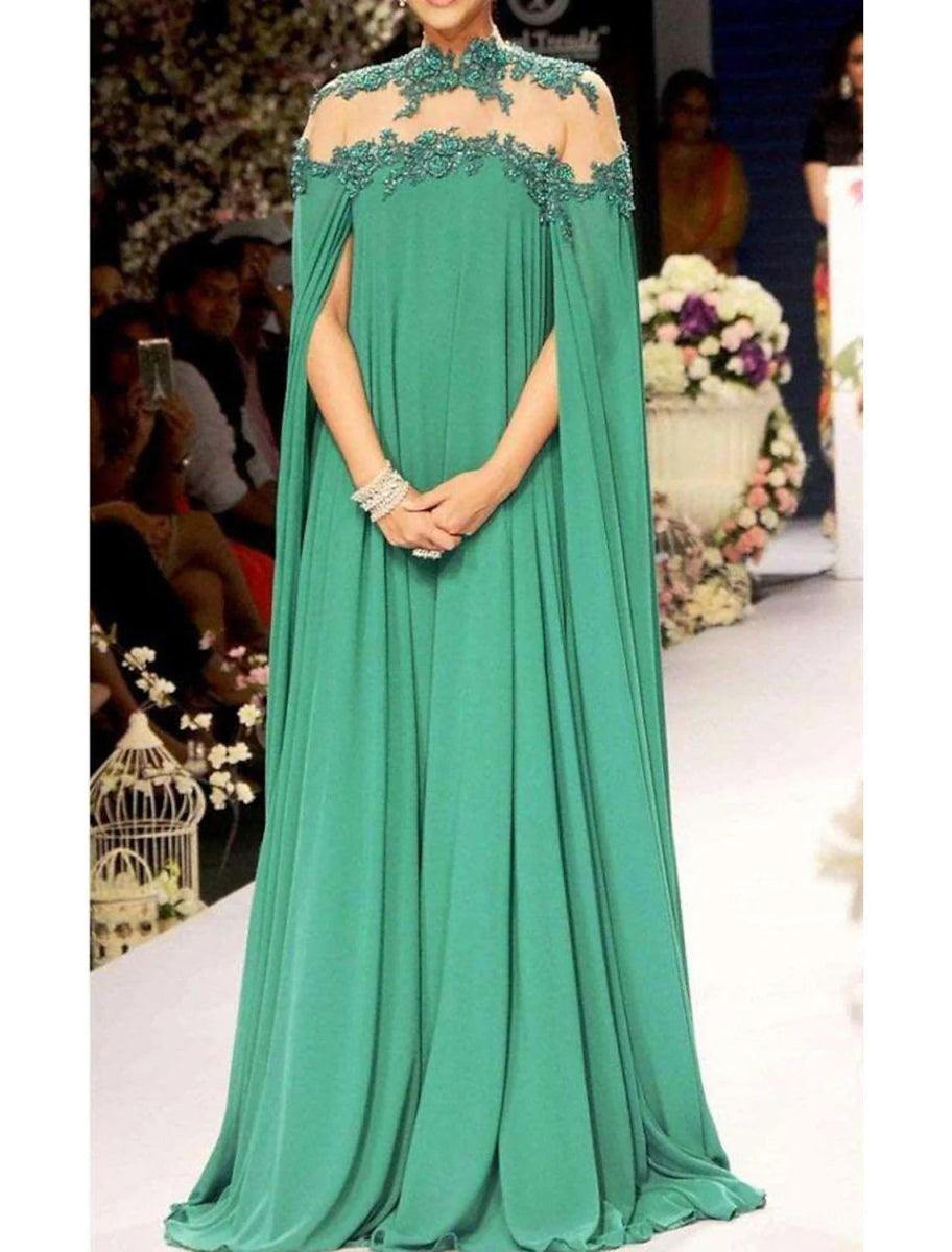 NumberSea - A - Line Evening Gown Elegant Dress Formal Wedding Guest Floor Length Sleeveless High Neck Fall Wedding Guest Chiffon with Appliques Pure Color