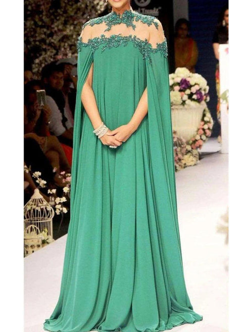 NumberSea - A - Line Evening Gown Elegant Dress Formal Wedding Guest Floor Length Sleeveless High Neck Fall Wedding Guest Chiffon with Appliques Pure Color