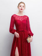 NumberSea - A - Line Evening Gown Elegant & Luxurious Dress Formal Evening Sweep / Brush Train Long Sleeve Boat Neck Lace with Sash / Ribbon Split Front