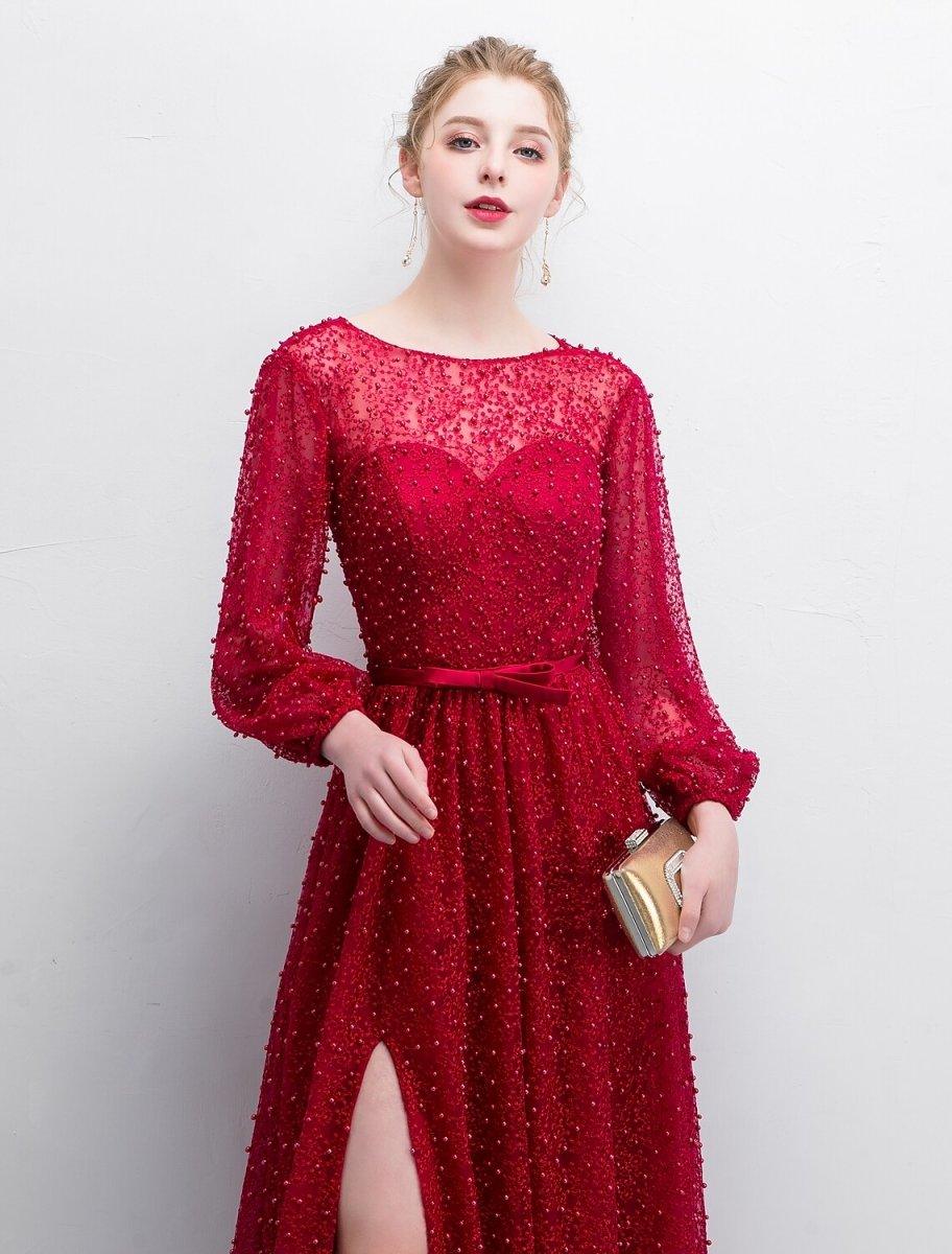 NumberSea - A - Line Evening Gown Elegant & Luxurious Dress Formal Evening Sweep / Brush Train Long Sleeve Boat Neck Lace with Sash / Ribbon Split Front