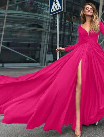 NumberSea - A - Line Evening Gown Empire Black Dress Plus Size Holiday Wedding Guest Floor Length Long Sleeve V Neck Chiffon V Back with Slit Pure Color