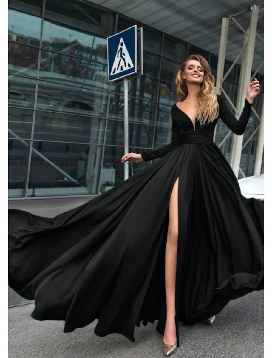 NumberSea - A - Line Evening Gown Empire Black Dress Plus Size Holiday Wedding Guest Floor Length Long Sleeve V Neck Chiffon V Back with Slit Pure Color