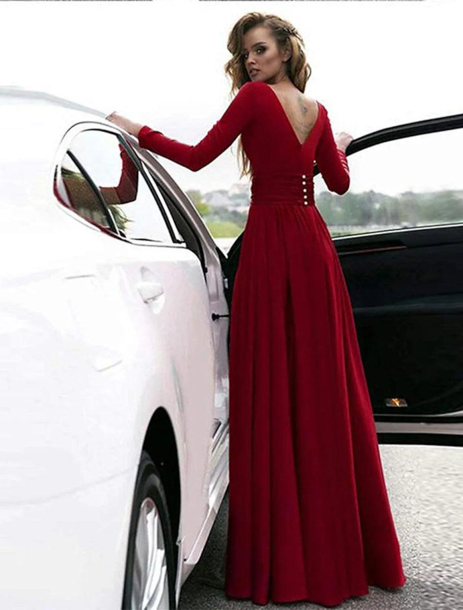 NumberSea - A - Line Evening Gown Empire Black Dress Plus Size Holiday Wedding Guest Floor Length Long Sleeve V Neck Chiffon V Back with Slit Pure Color