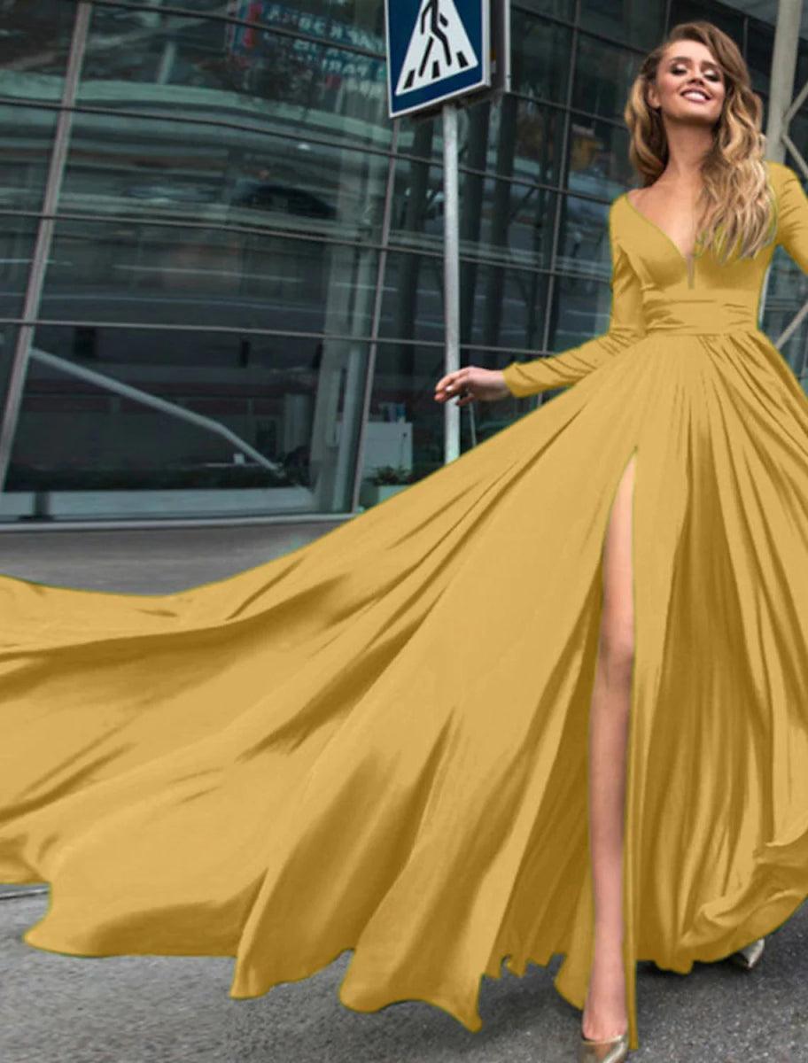 NumberSea - A - Line Evening Gown Empire Black Dress Plus Size Holiday Wedding Guest Floor Length Long Sleeve V Neck Chiffon V Back with Slit Pure Color