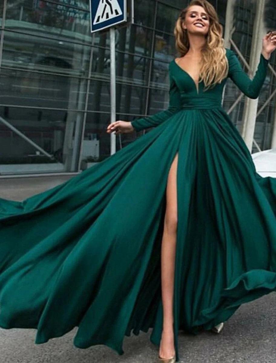 NumberSea - A - Line Evening Gown Empire Black Dress Plus Size Holiday Wedding Guest Floor Length Long Sleeve V Neck Chiffon V Back with Slit Pure Color