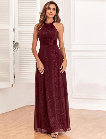 NumberSea - A - Line Evening Gown Empire Dress Evening Party Wedding Reception Floor Length Sleeveless Halter Neck Polyester Backless V Back with Glitter