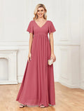 NumberSea - A - Line Evening Gown Empire Dress Party Wear Wedding Party Floor Length Short Sleeve V Neck Chiffon V Back with Slit