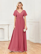 NumberSea - A - Line Evening Gown Empire Dress Party Wear Wedding Party Floor Length Short Sleeve V Neck Chiffon V Back with Slit
