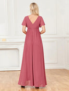 NumberSea - A - Line Evening Gown Empire Dress Party Wear Wedding Party Floor Length Short Sleeve V Neck Chiffon V Back with Slit