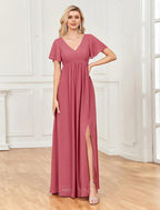 NumberSea - A - Line Evening Gown Empire Dress Party Wear Wedding Party Floor Length Short Sleeve V Neck Chiffon V Back with Slit
