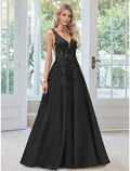 NumberSea - A - Line Evening Gown Floral Dress Formal Black Tie Floor Length Sleeveless V Neck Lace with Appliques