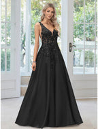 NumberSea - A - Line Evening Gown Floral Dress Formal Black Tie Floor Length Sleeveless V Neck Lace with Appliques