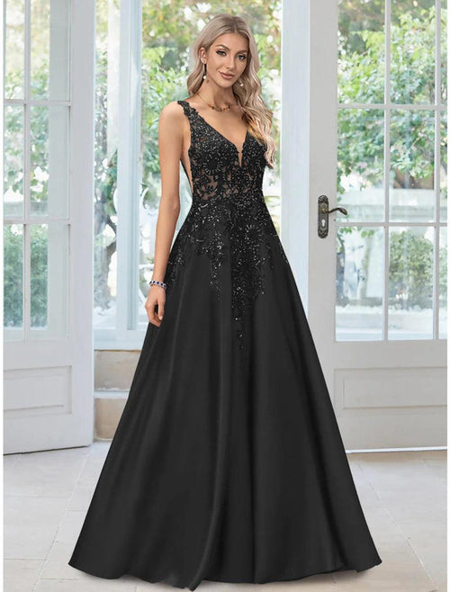 NumberSea - A - Line Evening Gown Floral Dress Formal Black Tie Floor Length Sleeveless V Neck Lace with Appliques