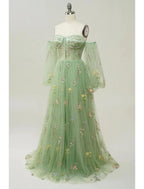NumberSea - A - Line Evening Gown Floral Dress Formal Floor Length Long Sleeve Sweetheart Lace Backless with Pleats Appliques