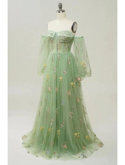 NumberSea - A - Line Evening Gown Floral Dress Formal Floor Length Long Sleeve Sweetheart Lace Backless with Pleats Appliques