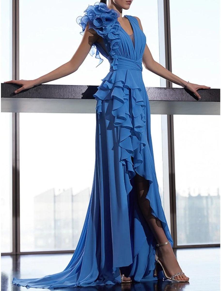 NumberSea - A - Line Evening Gown Floral Dress Formal Prom Court Train Sleeveless V Neck Fall Wedding Guest Chiffon with Ruffles Flower
