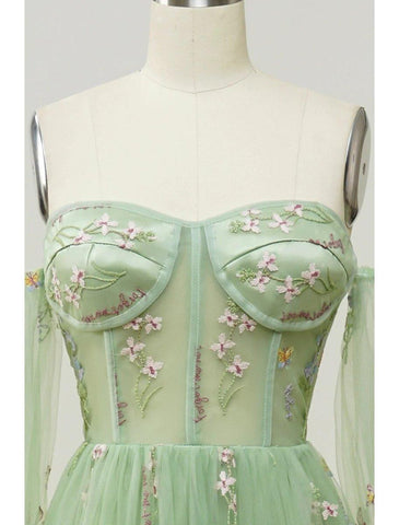 NumberSea - A - Line Evening Gown Floral Dress Formal Prom Floor Length Long Sleeve Sweetheart Lace Backless with Pleats Appliques