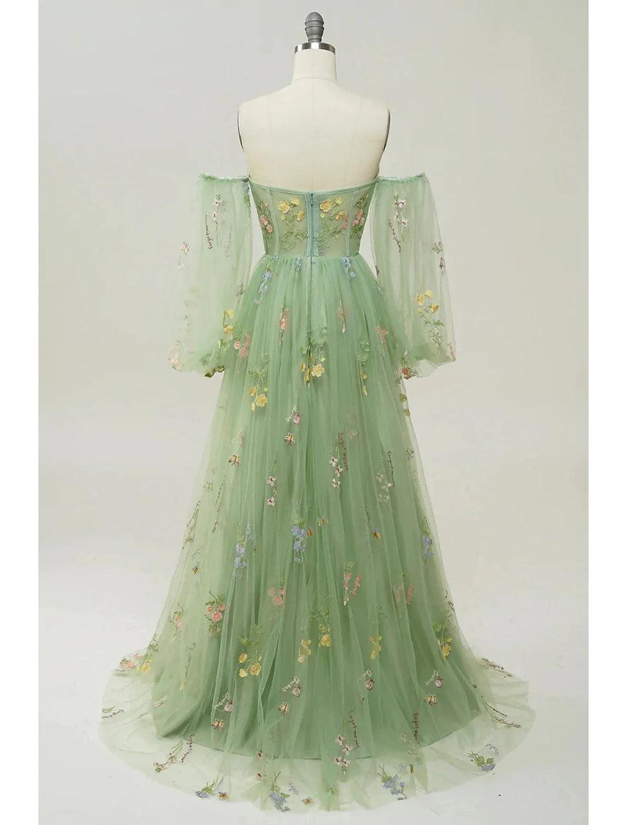 NumberSea - A - Line Evening Gown Floral Dress Formal Prom Floor Length Long Sleeve Sweetheart Lace Backless with Pleats Appliques