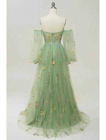 NumberSea - A - Line Evening Gown Floral Dress Formal Prom Floor Length Long Sleeve Sweetheart Lace Backless with Pleats Appliques