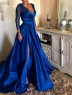 NumberSea - A - Line Evening Gown Floral Dress Party Wear Formal Evening Floor Length Long Sleeve V Neck Tulle with Pleats Appliques