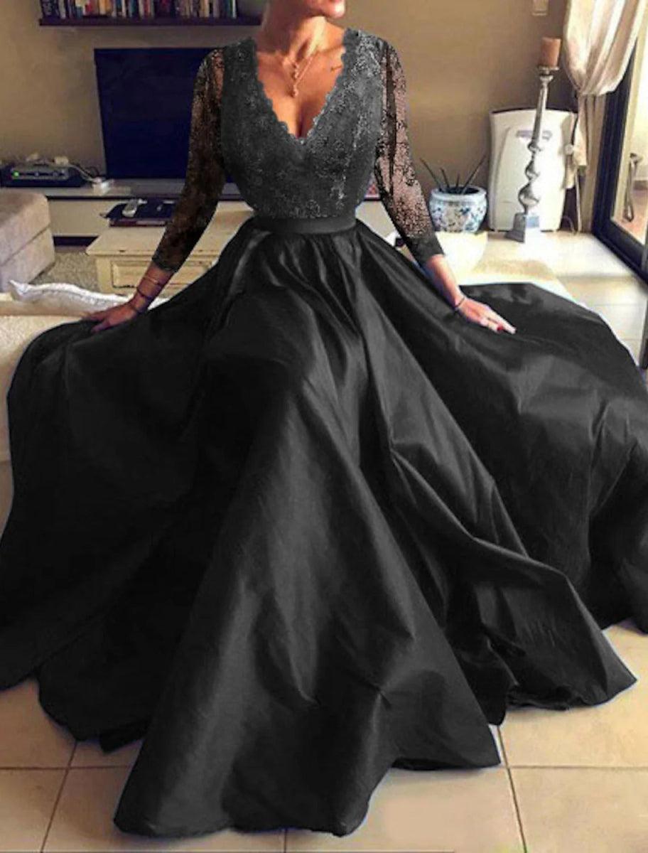 NumberSea - A - Line Evening Gown Floral Dress Party Wear Formal Evening Floor Length Long Sleeve V Neck Tulle with Pleats Appliques