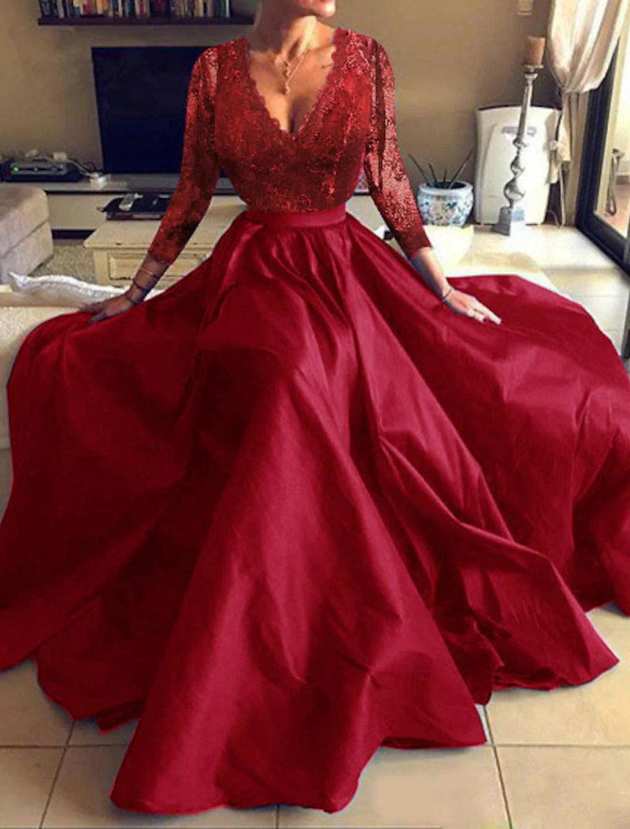NumberSea - A - Line Evening Gown Floral Dress Party Wear Formal Evening Floor Length Long Sleeve V Neck Tulle with Pleats Appliques