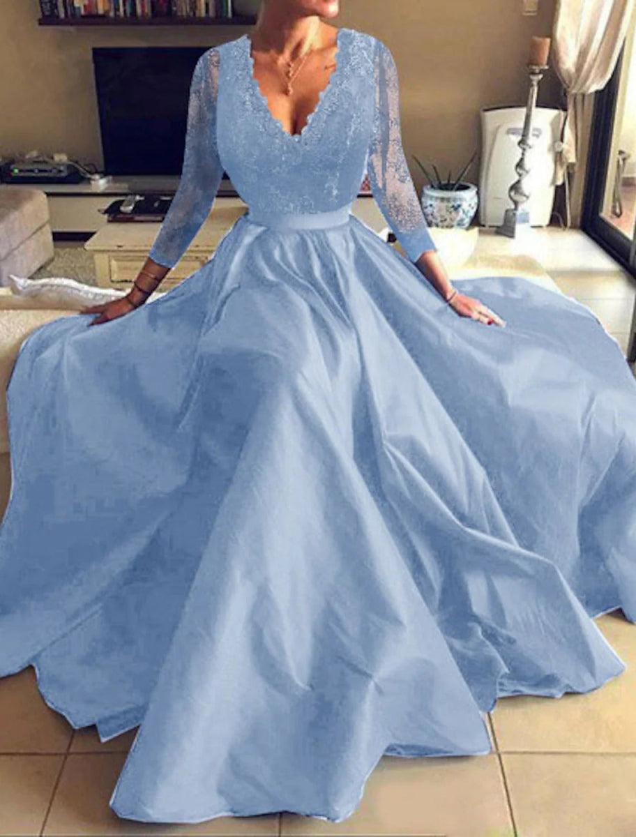 NumberSea - A - Line Evening Gown Floral Dress Party Wear Formal Evening Floor Length Long Sleeve V Neck Tulle with Pleats Appliques