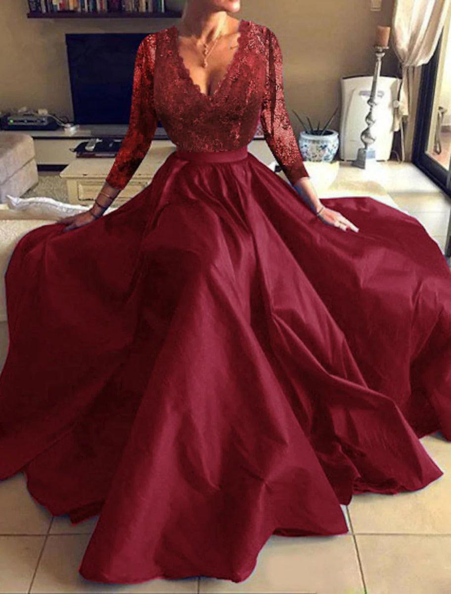 NumberSea - A - Line Evening Gown Floral Dress Party Wear Formal Evening Floor Length Long Sleeve V Neck Tulle with Pleats Appliques
