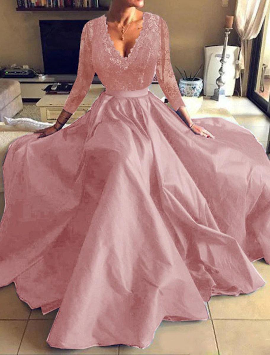 NumberSea - A - Line Evening Gown Floral Dress Party Wear Formal Evening Floor Length Long Sleeve V Neck Tulle with Pleats Appliques