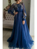 NumberSea - A - Line Evening Gown Floral Dress Wedding Guest Birthday Sweep / Brush Train Long Sleeve Jewel Neck Tulle with Embroidery
