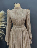 NumberSea - A - Line Evening Gown Glittering Dress Christmas Black Tie Floor Length Long Sleeve Jewel Neck Fall Wedding Guest Sequined with Ruched