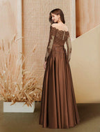 NumberSea - A - Line Evening Gown Glittering Dress Engagement Floor Length Long Sleeve Off Shoulder Satin with Sequin Slit Lace Insert