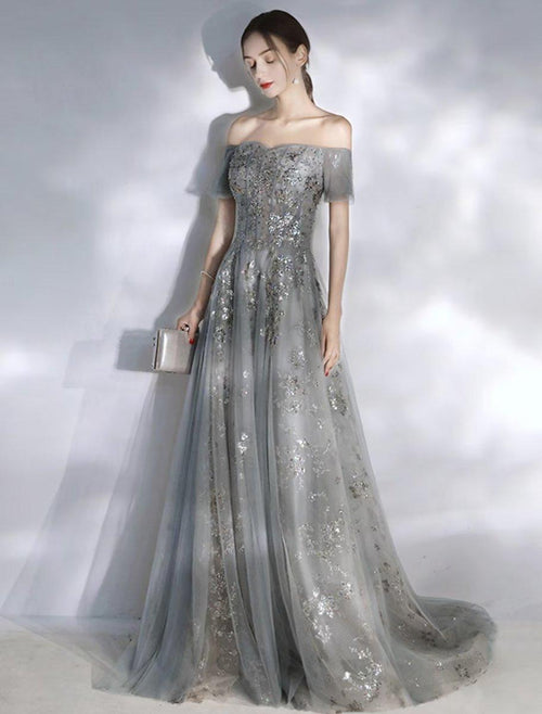 NumberSea - A - Line Evening Gown Glittering Dress Engagement Floor Length Short Sleeve Off Shoulder Spandex with Sequin Appliques