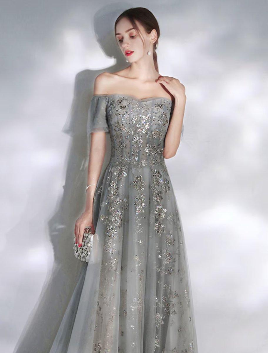 NumberSea - A - Line Evening Gown Glittering Dress Engagement Floor Length Short Sleeve Off Shoulder Spandex with Sequin Appliques