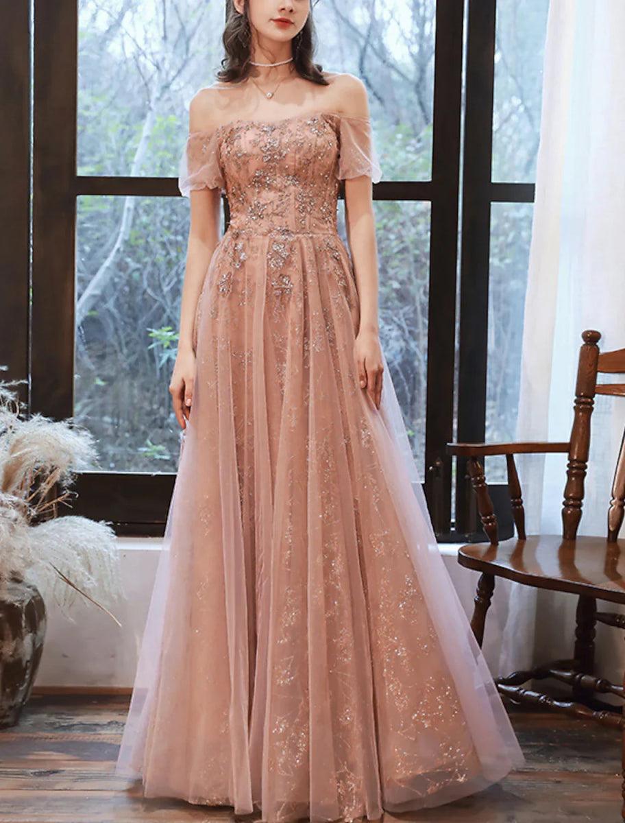 NumberSea - A - Line Evening Gown Glittering Dress Engagement Floor Length Short Sleeve Off Shoulder Spandex with Sequin Appliques