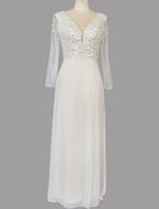NumberSea - A - Line Evening Gown Glittering Dress Engagement Sweep / Brush Train Short Sleeve V Neck Chiffon with Sequin Slit