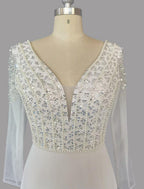 NumberSea - A - Line Evening Gown Glittering Dress Engagement Sweep / Brush Train Short Sleeve V Neck Chiffon with Sequin Slit