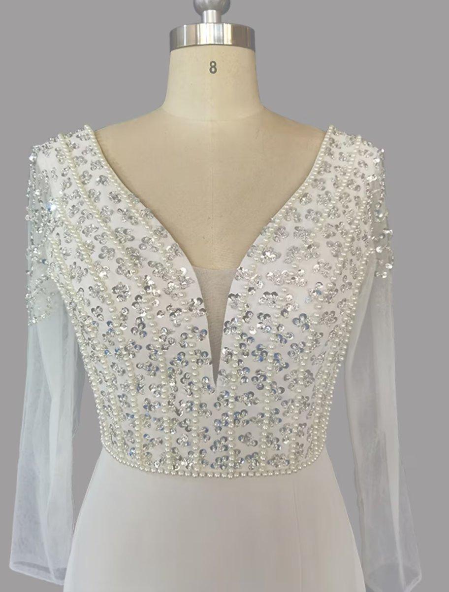 NumberSea - A - Line Evening Gown Glittering Dress Engagement Sweep / Brush Train Short Sleeve V Neck Chiffon with Sequin Slit