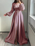 NumberSea - A - Line Evening Gown Glittering Dress Wedding Black Tie Floor Length Long Sleeve Jewel Neck Fall Wedding Guest Satin with Sequin