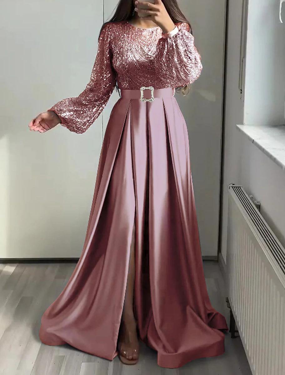 NumberSea - A - Line Evening Gown Glittering Dress Wedding Black Tie Floor Length Long Sleeve Jewel Neck Fall Wedding Guest Satin with Sequin