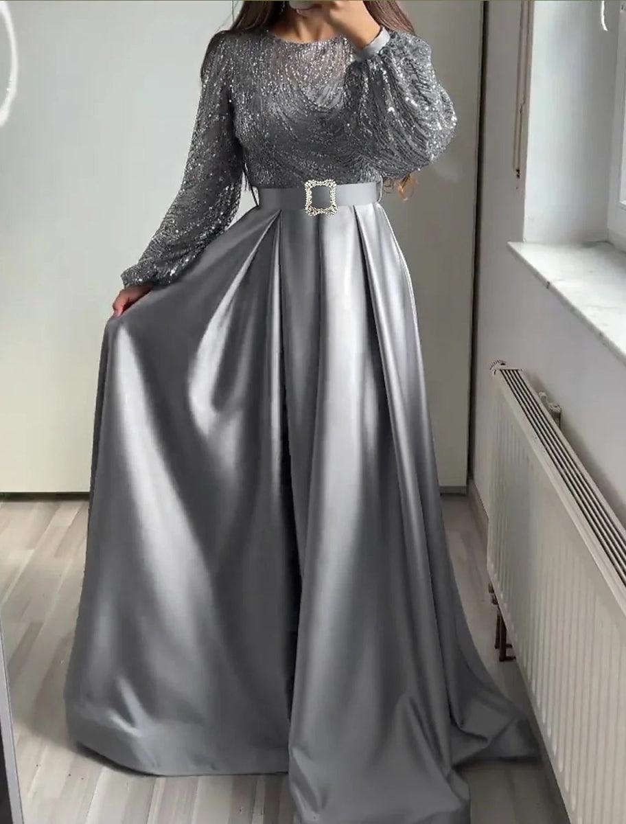 NumberSea - A - Line Evening Gown Glittering Dress Wedding Black Tie Floor Length Long Sleeve Jewel Neck Fall Wedding Guest Satin with Sequin