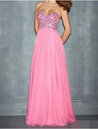 NumberSea - A - Line Evening Gown Glittering Dress Wedding Guest Wedding Party Sweep / Brush Train Sleeveless Sweetheart Chiffon with Rhinestone Beading Pure Color